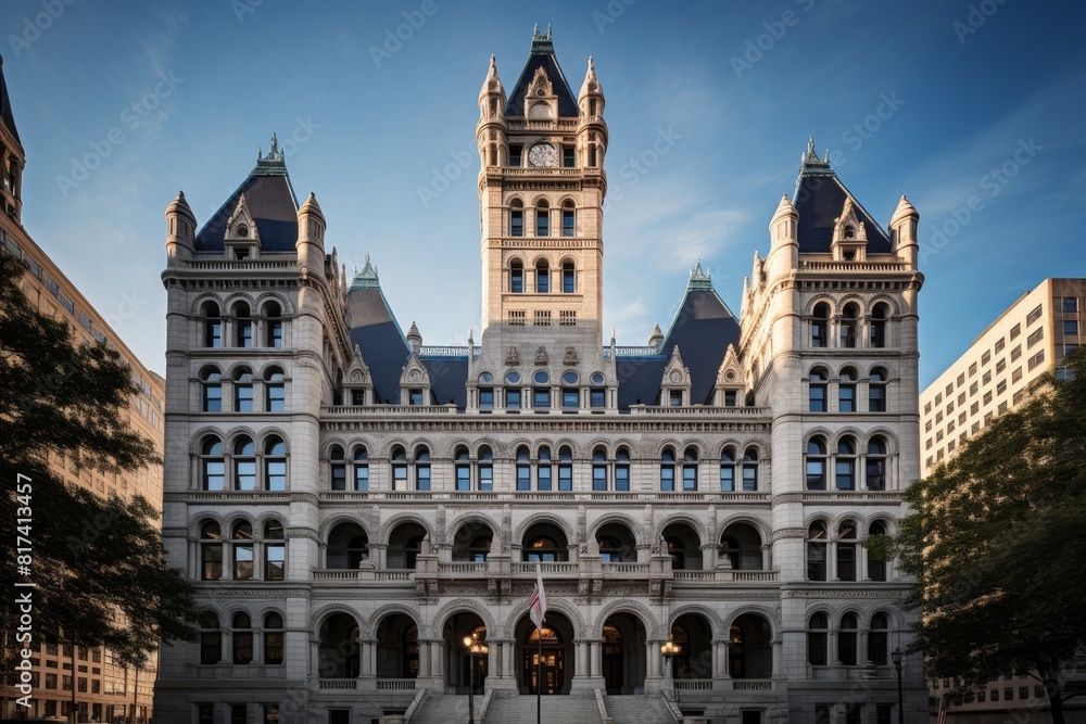 A Grand Municipal Building Exhibiting Classic Architecture in an Urban Setting A Grand Municipal Building Exhibiting Classic Architecture in an Urban Setting