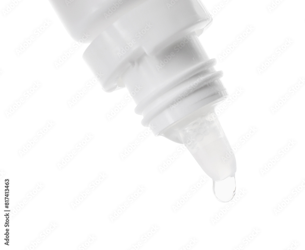 Dripping medical drops from bottle on white background Dripping medical drops from bottle on white background