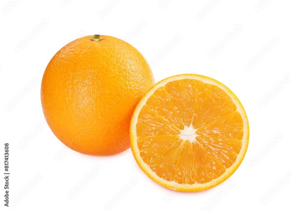 Whole and cut ripe oranges isolated on white Whole and cut ripe oranges isolated on white