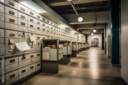 Inside a Corporate Mailroom Painted in Vanilla White with Wooden Sorting Units and Antique Postal Scale