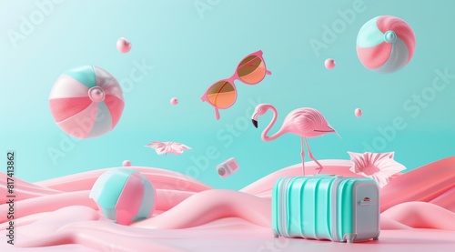 3D illustration of a minimalist style, depicting a cute summer vacation concept art scene.