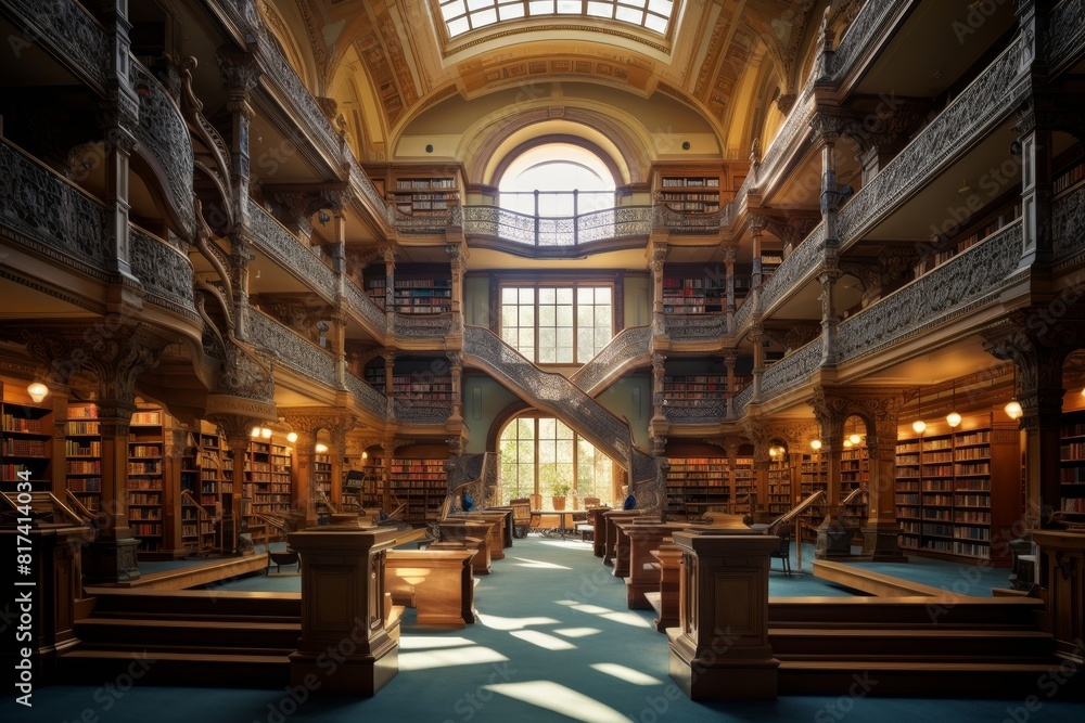 The Grandeur of a Public Library Interior Featuring Tall Bookshelves and an Ornate Spiral Staircase Bathed in Sunlight