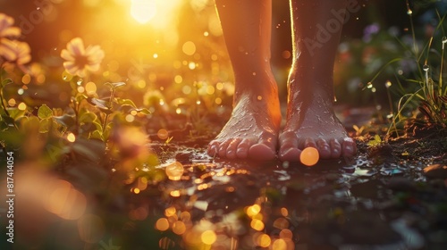 cute feet of a teenager in a garden with water drops from rain with the sun in the background in high resolution and quality photo