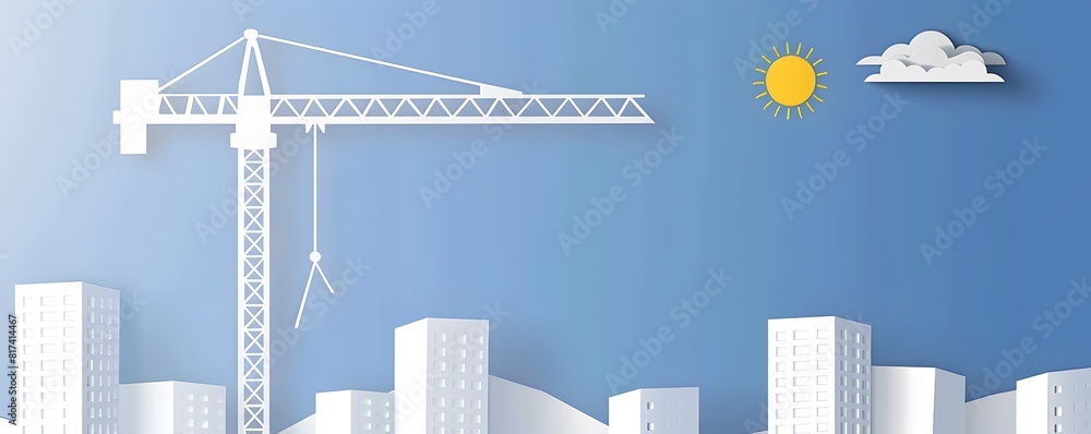 City development landscape with tower cranes pastel color paper art style minimalist 3d illustration for sustainable growth concept