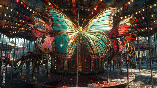 A vintage carousel with brightly painted butterflies, frozen in time beneath layers of dust.
