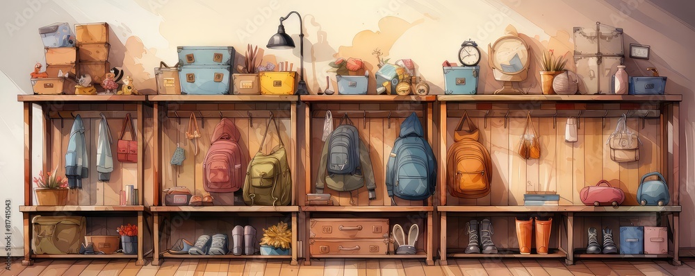 Mudroom background flat design front view classic New England theme water color colored pastel Mudroom background flat design front view classic New England theme water color colored pastel