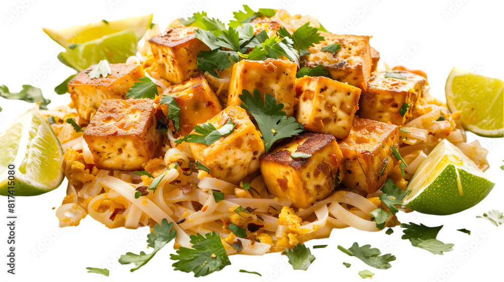 Tofu pad Thai showcasing crispy tofu cubes atop a bed of perfectly cooked noodles, garnished with cilantro and lime, transparent background Tofu pad Thai showcasing crispy tofu cubes atop a bed of perfectly cooked noodles, garnished with cilantro and lime, transparent background