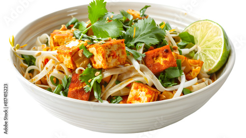  Tofu pad Thai showcasing crispy tofu cubes atop a bed of perfectly cooked noodles, garnished with cilantro and lime, transparent background