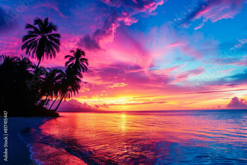 A vibrant sunset over a tropical beach  with palm trees silhouetted against the colorful sky. 