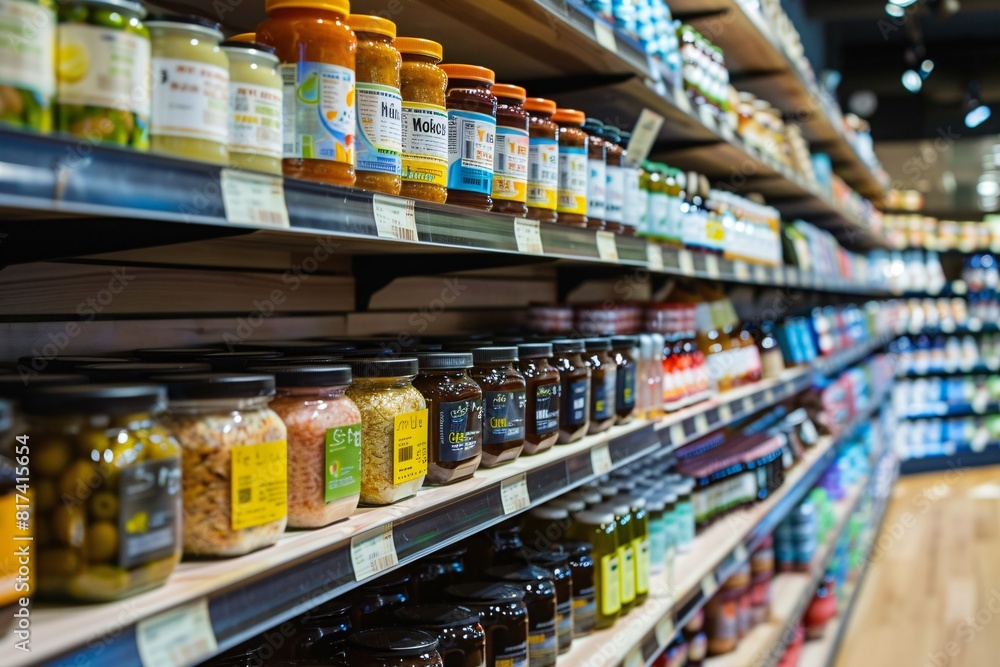 A display of various jars neatly lined up on shelves in a grocery store A display of various jars neatly lined up on shelves in a grocery store