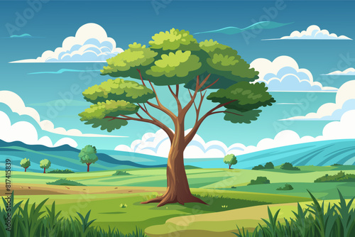 Cartoon landscape with tree and grass in vector illustration.