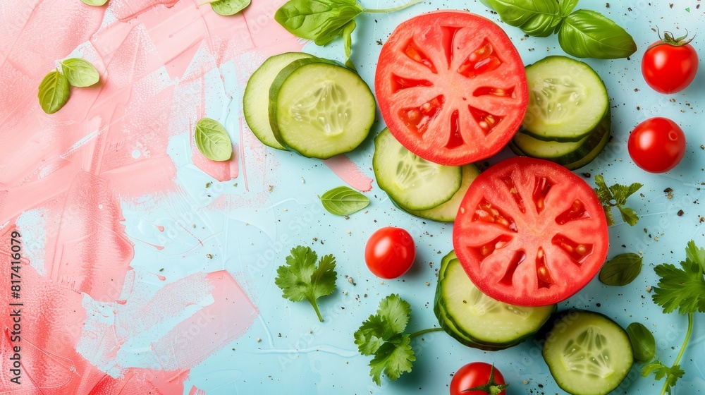 Overhead shot of balanced lunch box on soft pastel background, filled with nutritious food Overhead shot of balanced lunch box on soft pastel background, filled with nutritious food