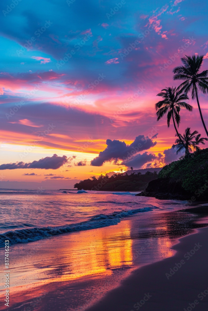 A vibrant sunset over a tropical beach, with palm trees silhouetted against the colorful sky. A vibrant sunset over a tropical beach, with palm trees silhouetted against the colorful sky.