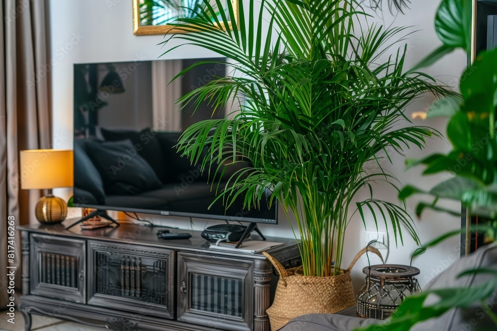 Fototapeta premium Contemporary white living room cabinet for large led tv with houseplant display in an empty room