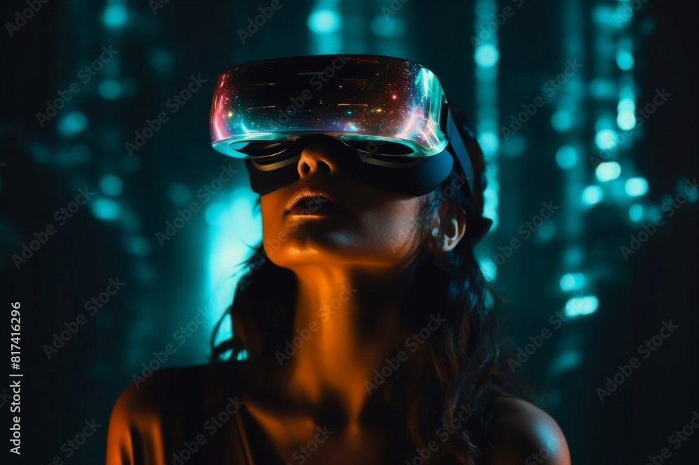 Image projection on a young beautiful woman in VR glasses in dark Image projection on a young beautiful woman in VR glasses in dark