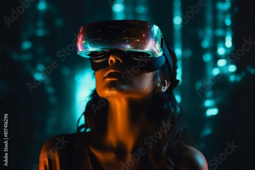 Image projection on a young beautiful woman in VR glasses in dark