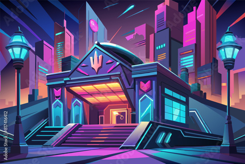 An illustration of a futuristic city with vibrant neon lights illuminating the skyline.