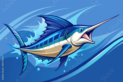 A blue marlin fish leaping out of the water, showcasing its vibrant colors and powerful movement.