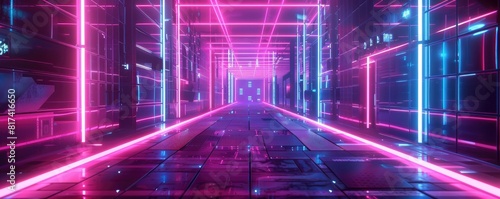 Neon lights and grids creating a nostalgic vaporwave aesthetic. The hallway glows with vibrant pink and blue hues  reflecting on the tiled floor  evoking a retro-futuristic ambiance.