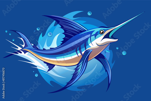 A blue marlin fish leaping out of the water, showcasing its vibrant colors and powerful movement.