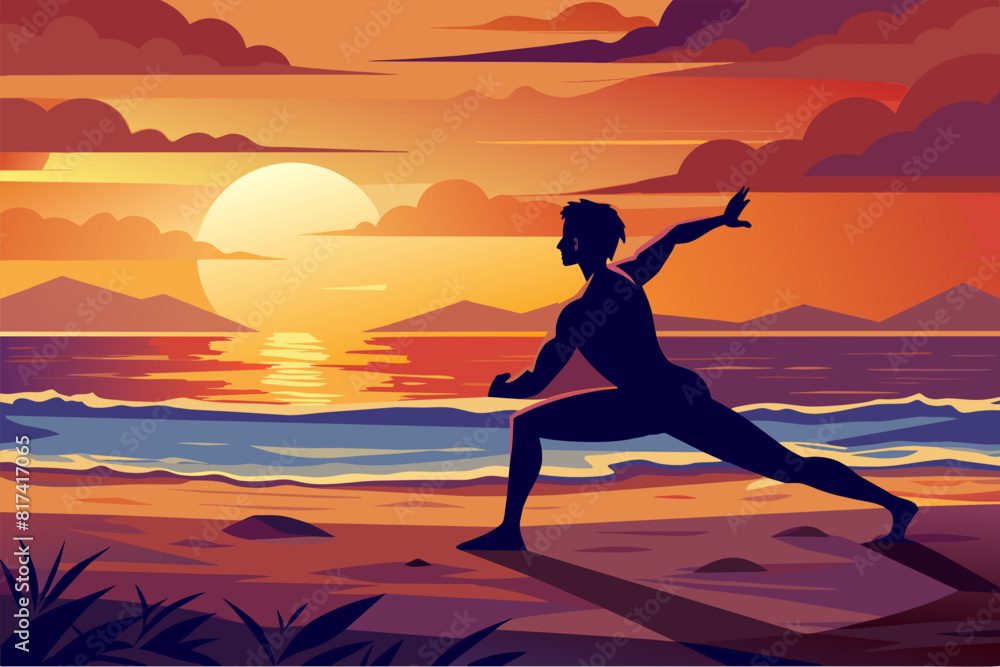 Man practicing yoga on beach at sunset, peaceful and serene setting for relaxation and meditation.