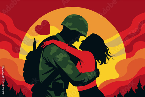 A soldier and a woman embrace in front of a beautiful sunset.