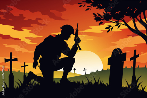 A soldier kneeling in front of a cemetery, paying tribute.