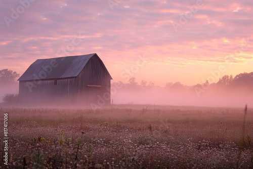 A tranquil countryside sunrise scene with soft fog blanketing the fields and enveloping a rustic barn  as the first light of dawn paints the sky in shades of pink and gold