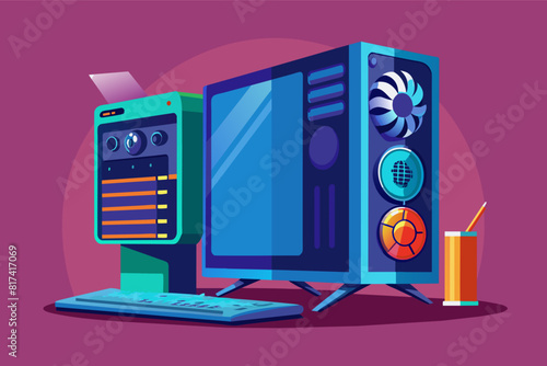 A computer with two fans and a monitor on a desk.