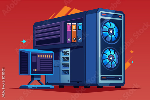 A computer with two fans and a monitor on a desk.