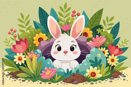 Easter bunny surrounded by colorful flowers and plants in a garden.