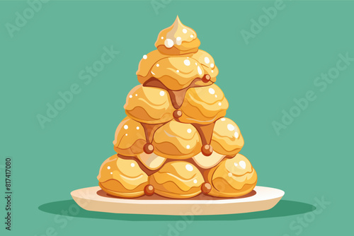 A festive Christmas tree made of pancakes drizzled with syrup.