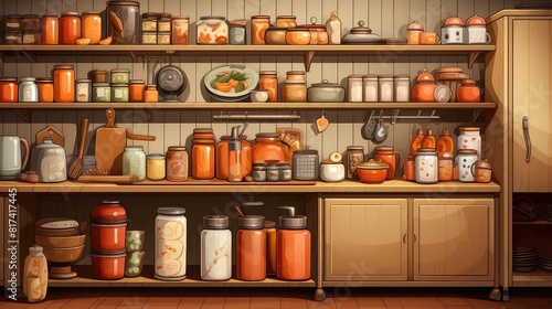 Wallpaper Mural Pantry background flat design front view vintage culinary collection theme cartoon drawing Monochromatic Color Scheme Torontodigital.ca