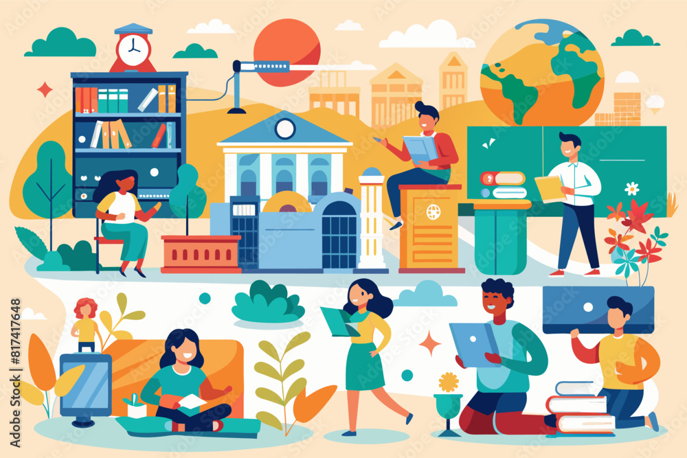 Vector illustration of people studying in a library with a flat style illustration of the library building.