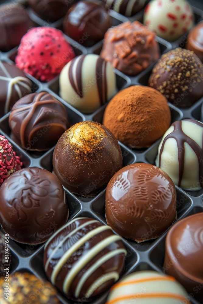 An assortment of pralines. The intricate details and vibrant colors of the chocolates An assortment of pralines. The intricate details and vibrant colors of the chocolates