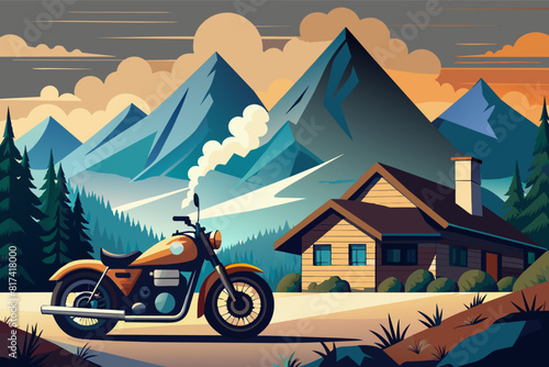 A motorcycle parked in front of a house with majestic mountains in the background.