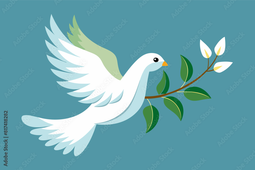 A dove perched on green leaves against a blue background. A dove perched on green leaves against a blue background.