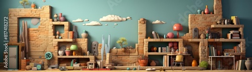 Playroom background flat design side view rustic adventure area theme 3D render vivid
