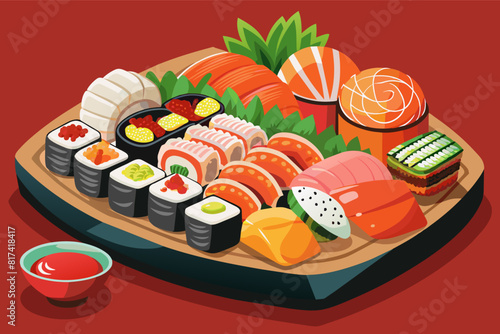 Sushi on a plate, Japanese cuisine, raw fish, rice, seaweed, traditional food, Asian dish.