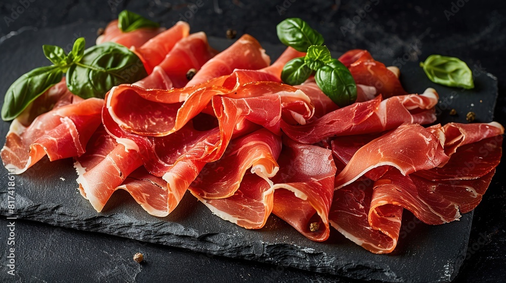 Slices of prosciutto di parma or jamon serrano (iberico) on a black plate on a dark slate Slices of prosciutto di parma or jamon serrano (iberico) on a black plate on a dark slate