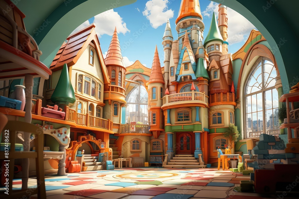 Fototapeta premium Playroom background flat design side view luxurious toy kingdom theme animation Tetradic color scheme