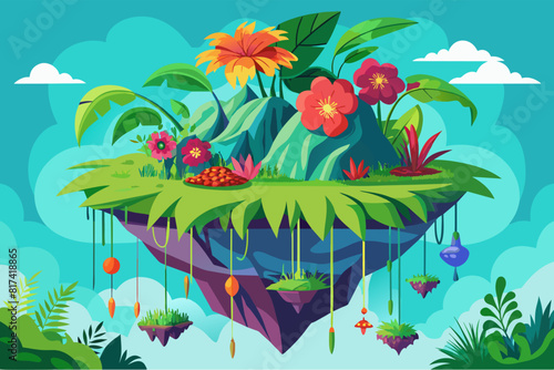 Cartoon island with colorful flowers and lush plants, a vibrant and whimsical paradise.