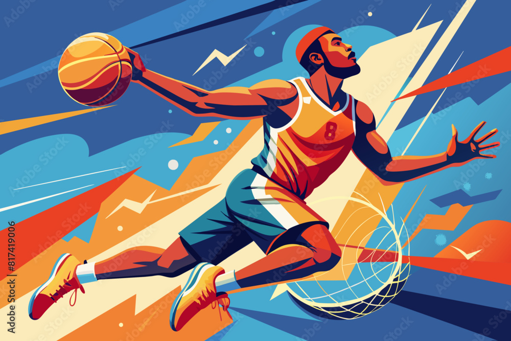 Obraz premium Basketball player soaring through the air, dunking a basketball ball. Dynamic vector illustration.