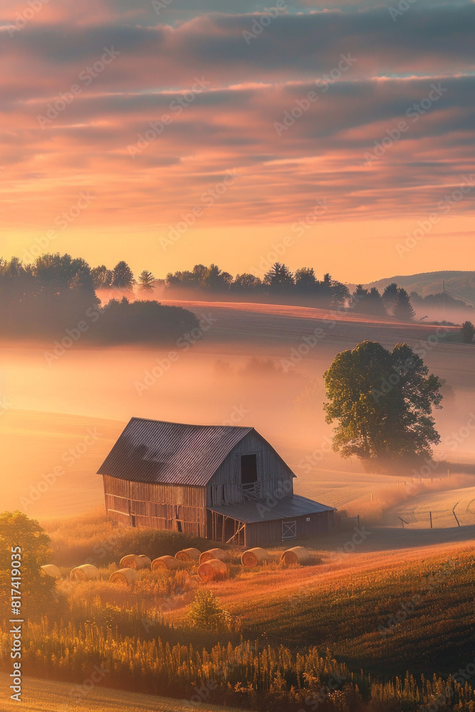 A tranquil countryside sunrise scene with soft fog blanketing the fields and enveloping a rustic barn, as the first light of dawn paints the sky in shades of pink and gold A tranquil countryside sunrise scene with soft fog blanketing the fields and enveloping a rustic barn, as the first light of dawn paints the sky in shades of pink and gold