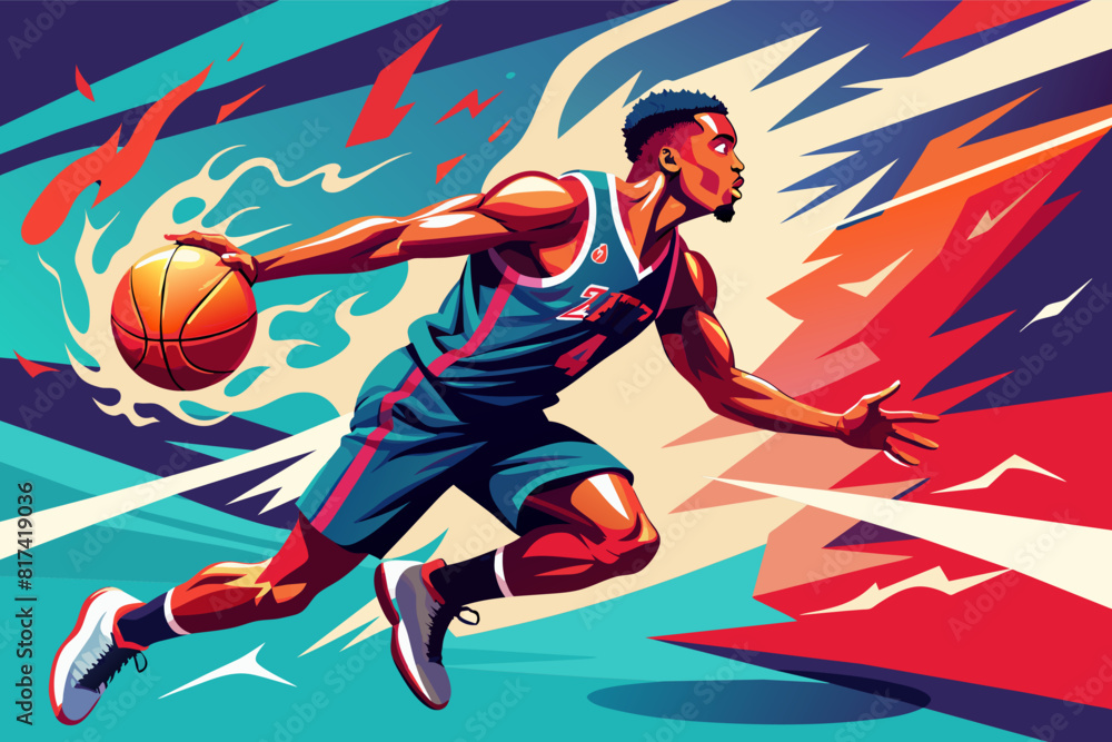 Basketball player soaring through the air, dunking a basketball ball. Dynamic vector illustration.