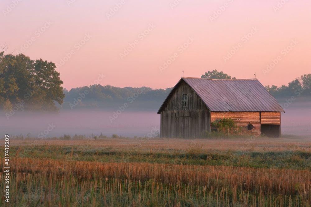 A tranquil countryside sunrise scene with soft fog blanketing the fields and enveloping a rustic barn, as the first light of dawn paints the sky in shades of pink and gold A tranquil countryside sunrise scene with soft fog blanketing the fields and enveloping a rustic barn, as the first light of dawn paints the sky in shades of pink and gold