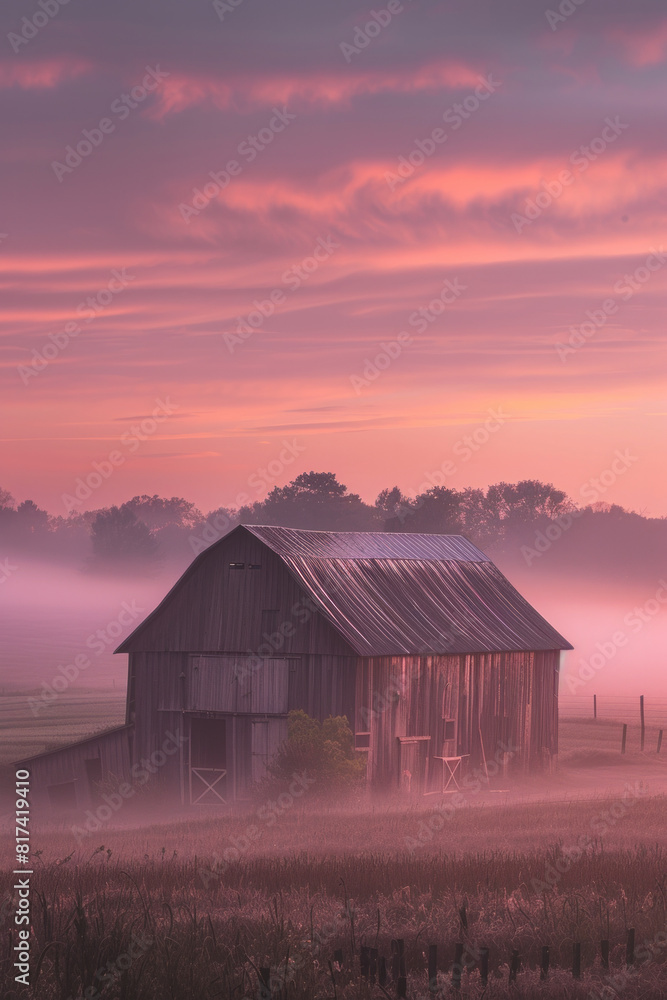 A tranquil countryside sunrise scene with soft fog blanketing the fields and enveloping a rustic barn, as the first light of dawn paints the sky in shades of pink and gold