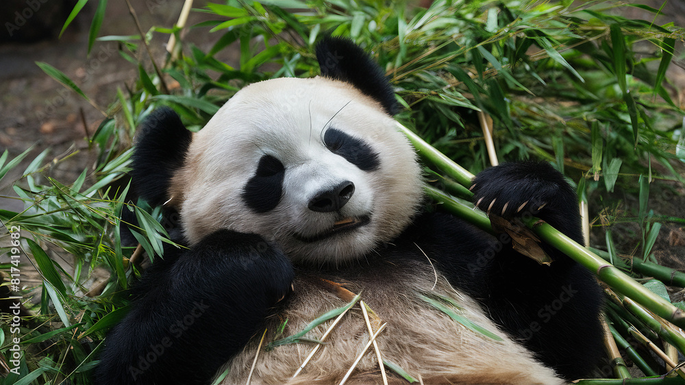 Obraz premium Resting panda in bamboo forest.