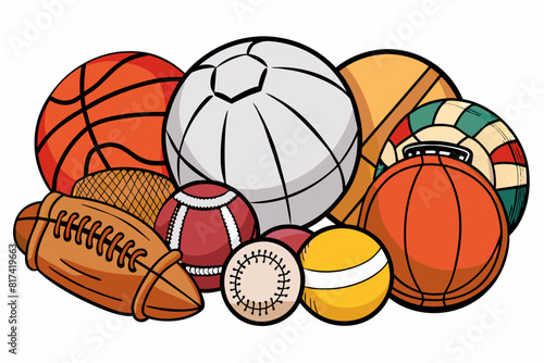 Various sports balls and balls clipart including basketball, soccer ball, tennis ball, and baseball.