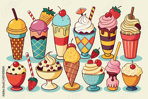 Ice cream sundae with a cherry on top, served in a glass bowl, surrounded by colorful toppings and a spoon.